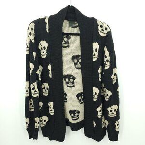 Skull Print Long Sleeve Knit Cardigan Sweater 2XL Black/Tan